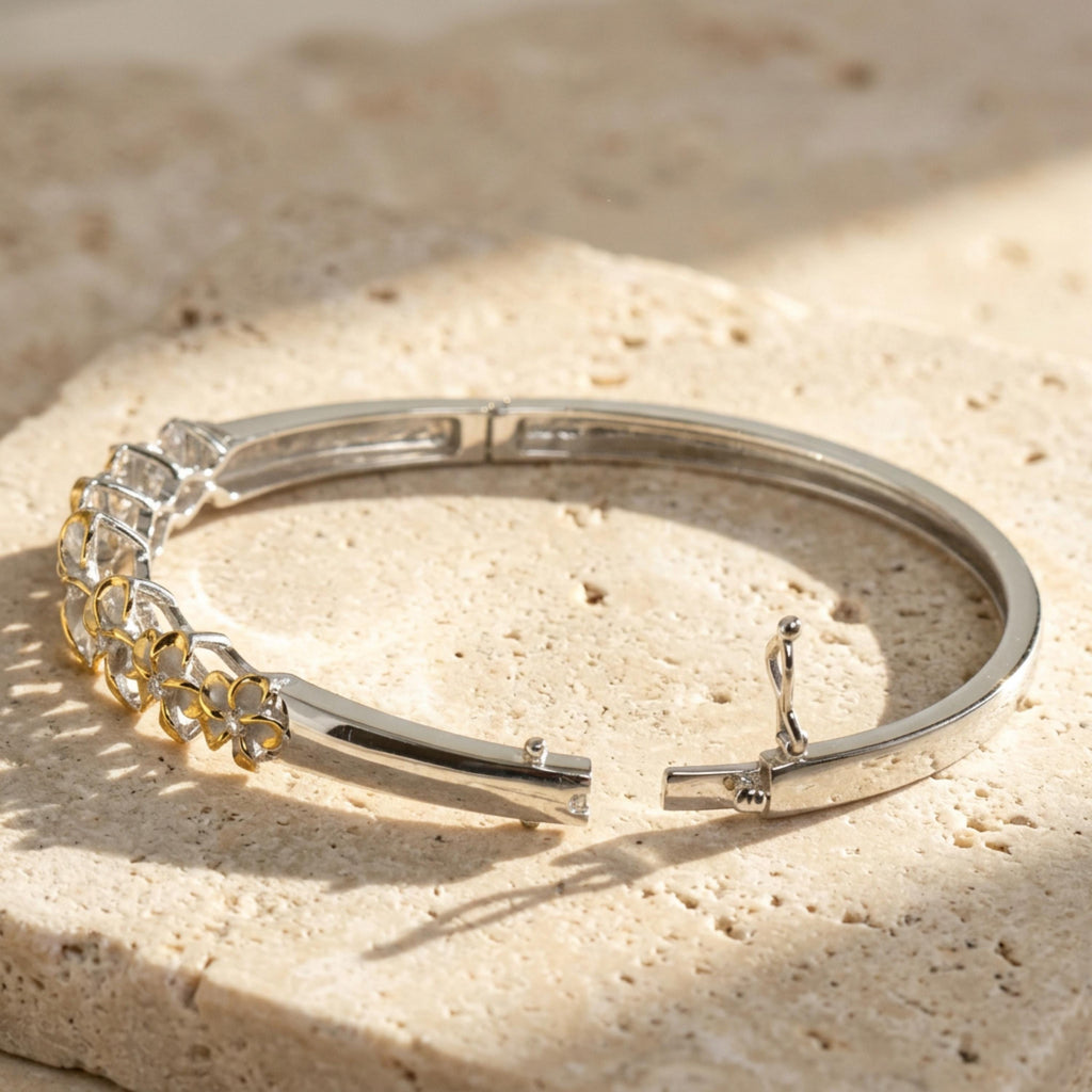 Hawaiian 925K Gold Plated Sterling Silver Plumeria Flower Lei Hand Crafted Bangle Jewelry