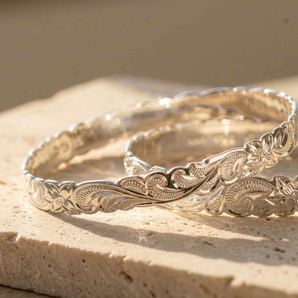 Hawaiian Heirloom Sterling Silver Queen Scrolling Hand Crafted Bangle Jewelry