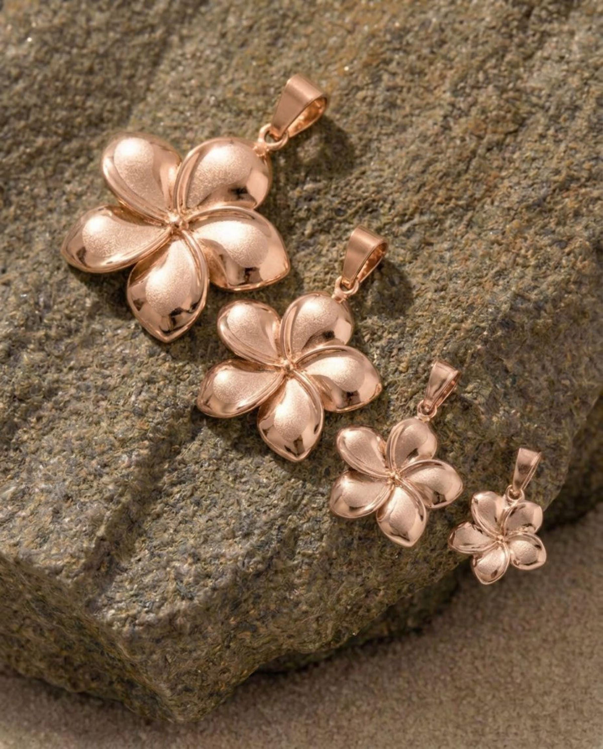 Hawaiian Heirloom 14K Solid Pink Gold Plumeria Flower Pendant Necklace Jewelry