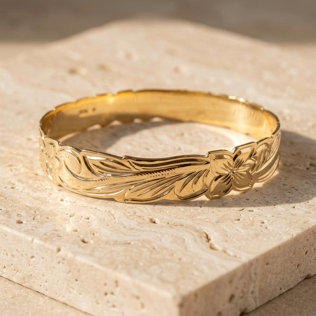 Hawaiian 18K Gold Filled Plumeria Flower Hand Crafted Scrolling Bangle Bracelet Jewelry