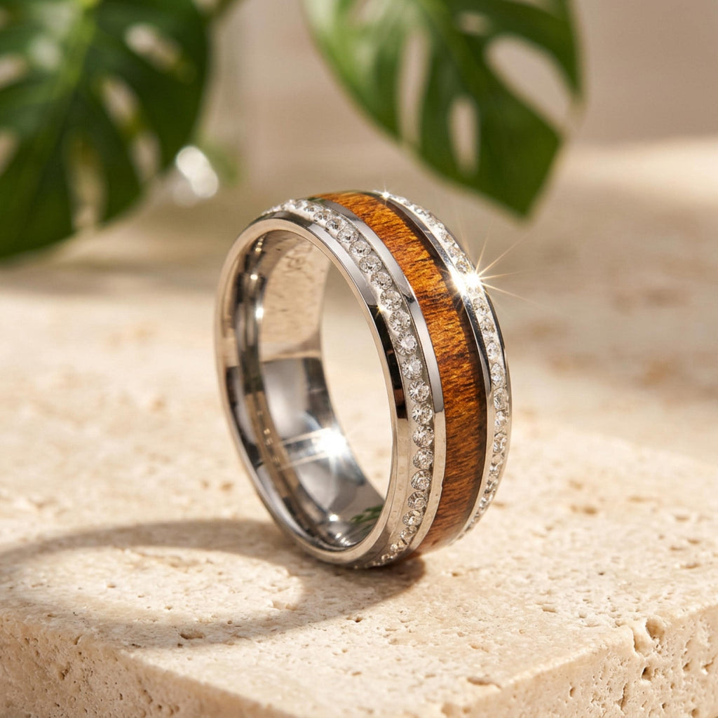 Hawaiian Natural Koa Wood Crystal Gem Inlaid Silver Hand Made 8mm Statement Ring Jewelry
