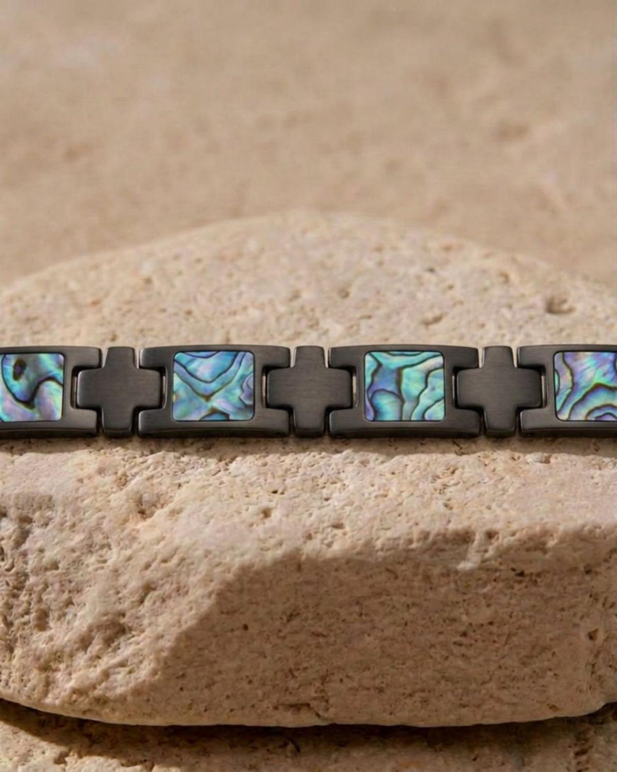 Hawaiian Black Iron Stainless Steel and Natural Abalone Shell Inlaid Link Bracelet Jewelry