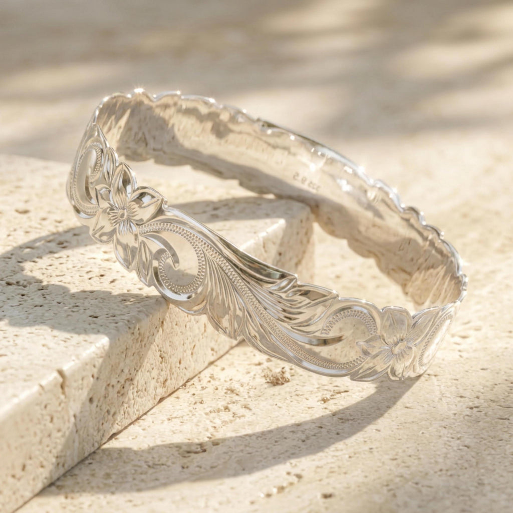 Hawaiian Heirloom Sterling Silver Queen Scrolling Hand Crafted Bangle Jewelry