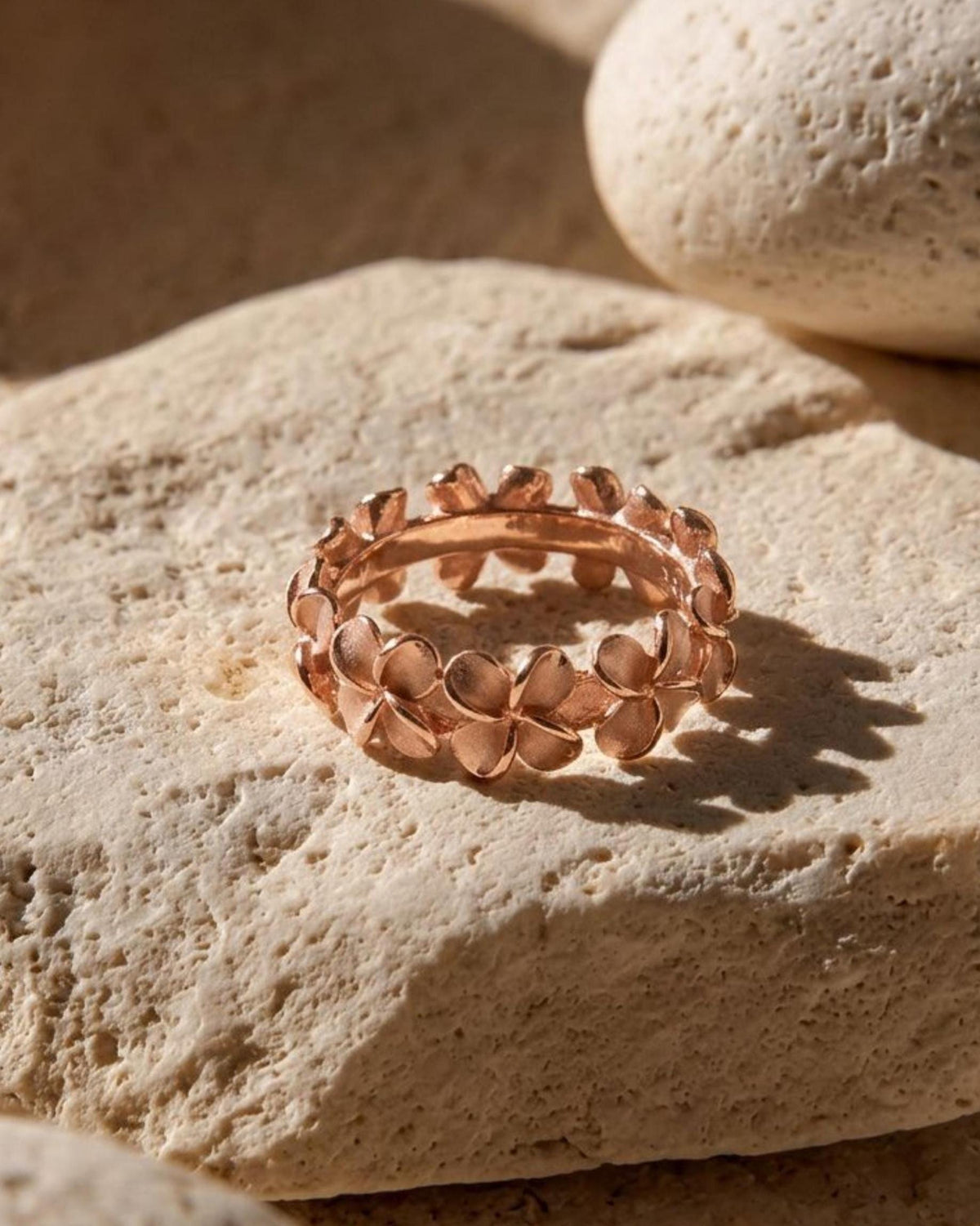 Hawaiian Sterling Silver 14K Rose Gold Plated Plumeria Lei Ring Jewelry