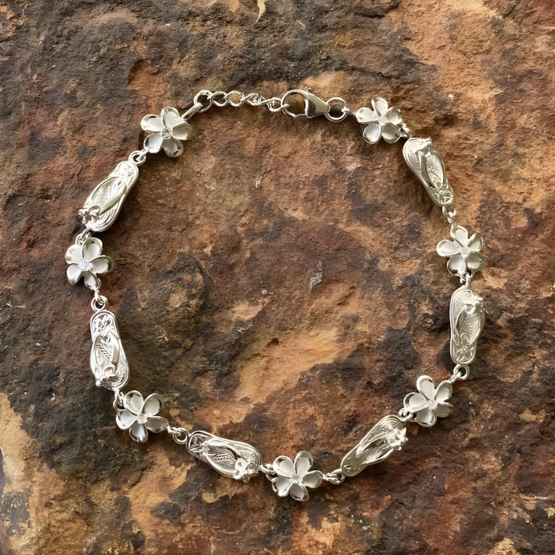 Plumeria Slipper Lei Bracelet - Silver
