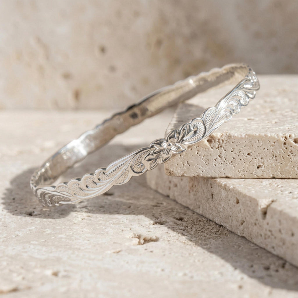 Hawaiian Heirloom Sterling Silver Queen Scrolling Hand Crafted Bangle Jewelry