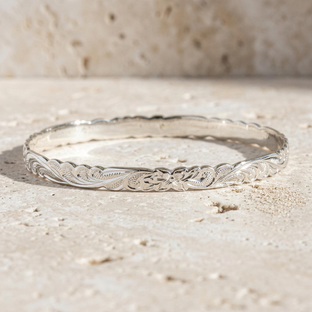 Hawaiian Heirloom Sterling Silver Queen Scrolling Hand Crafted Bangle Jewelry