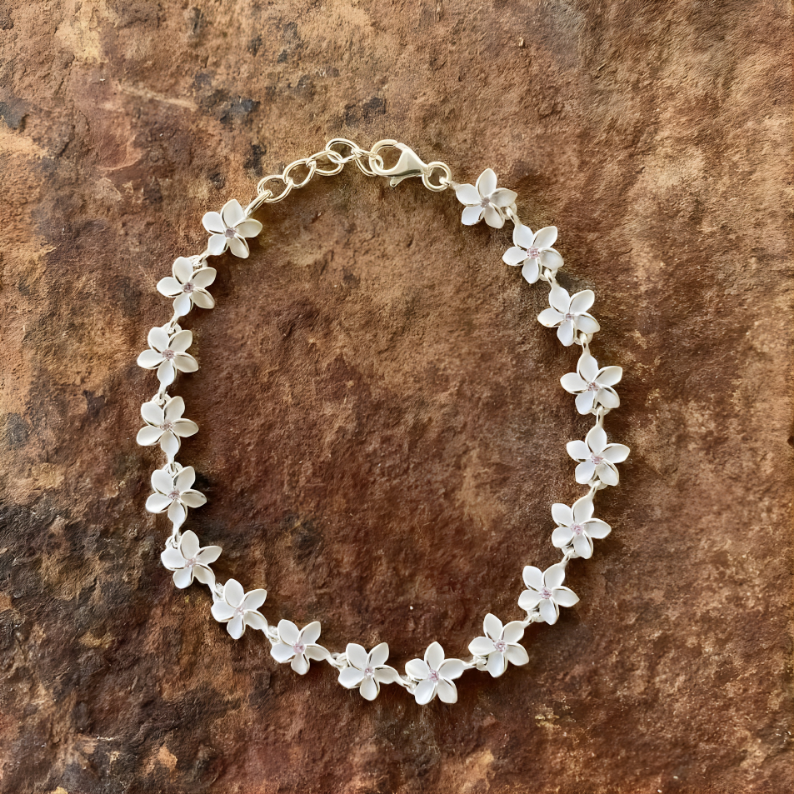 Plumeria Lei Bracelet with Pink Gems - Silver