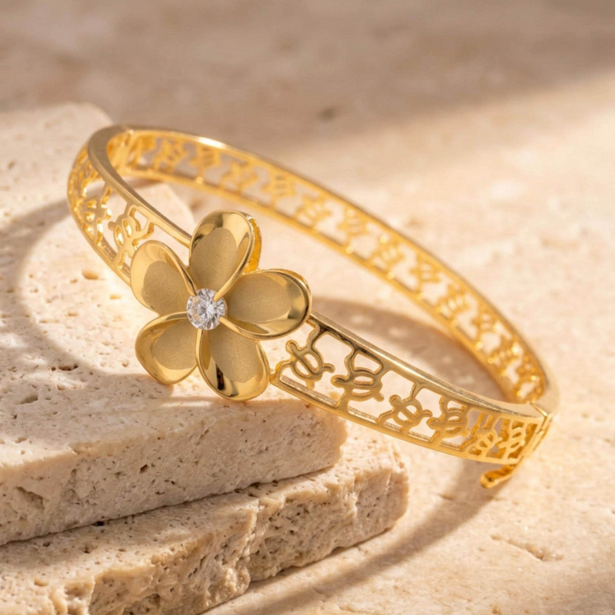 Hawaiian 925K Gold Plated Sterling Silver Plumeria Flower Lei Hand Crafted Bangle Jewelry