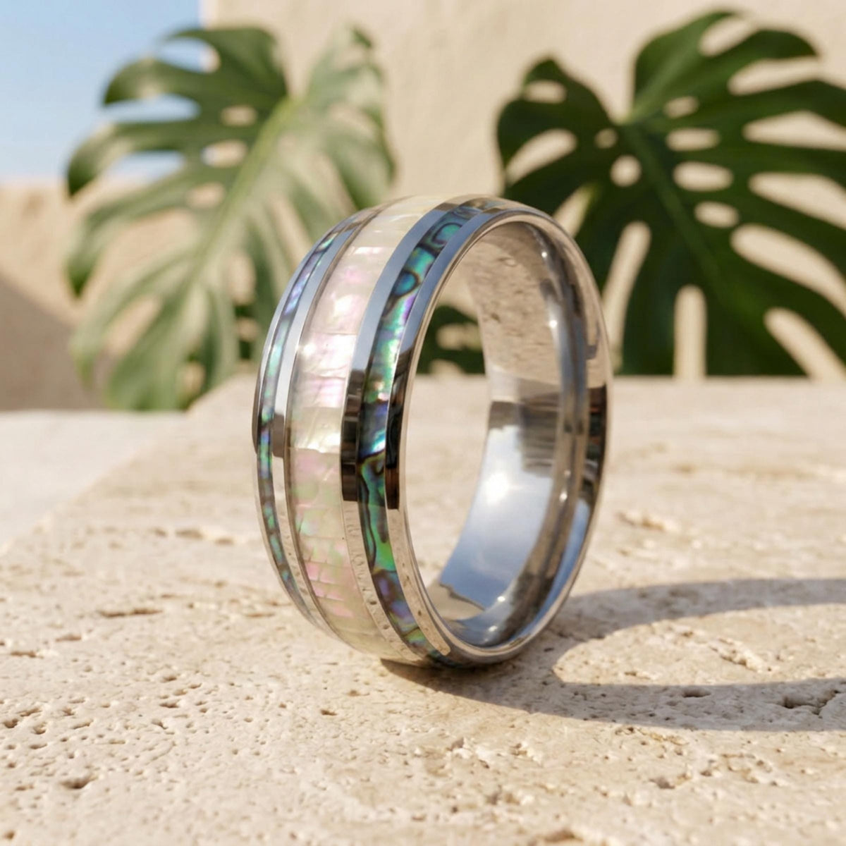 Hawaiian Natural Abalone Shell and Opal Inlaid Silver Hand Made 8mm Statement Ring Jewelry