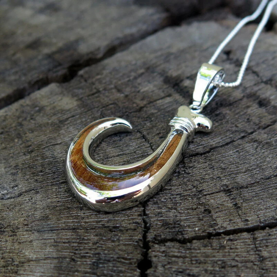 Fish Hook Koa Wood Pendant