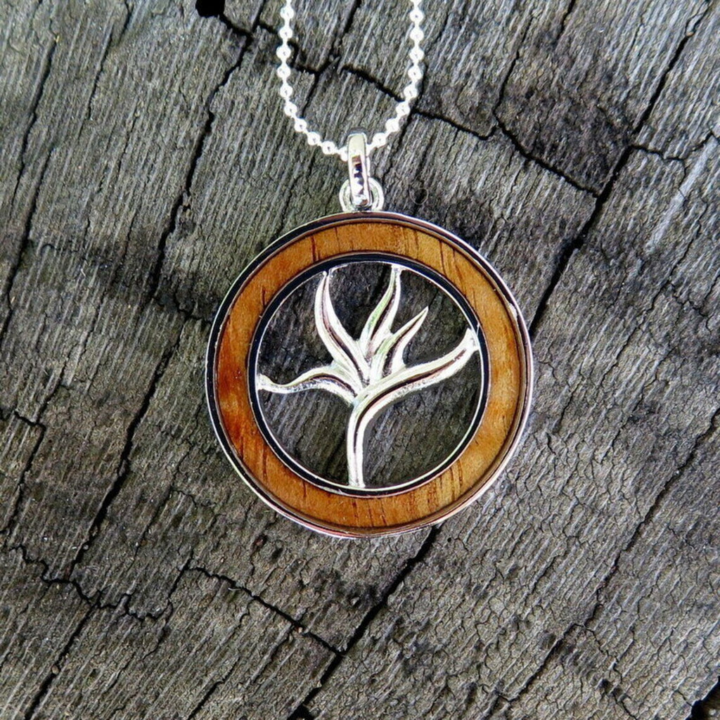 Birds of Paradise Koa Wood Pendant