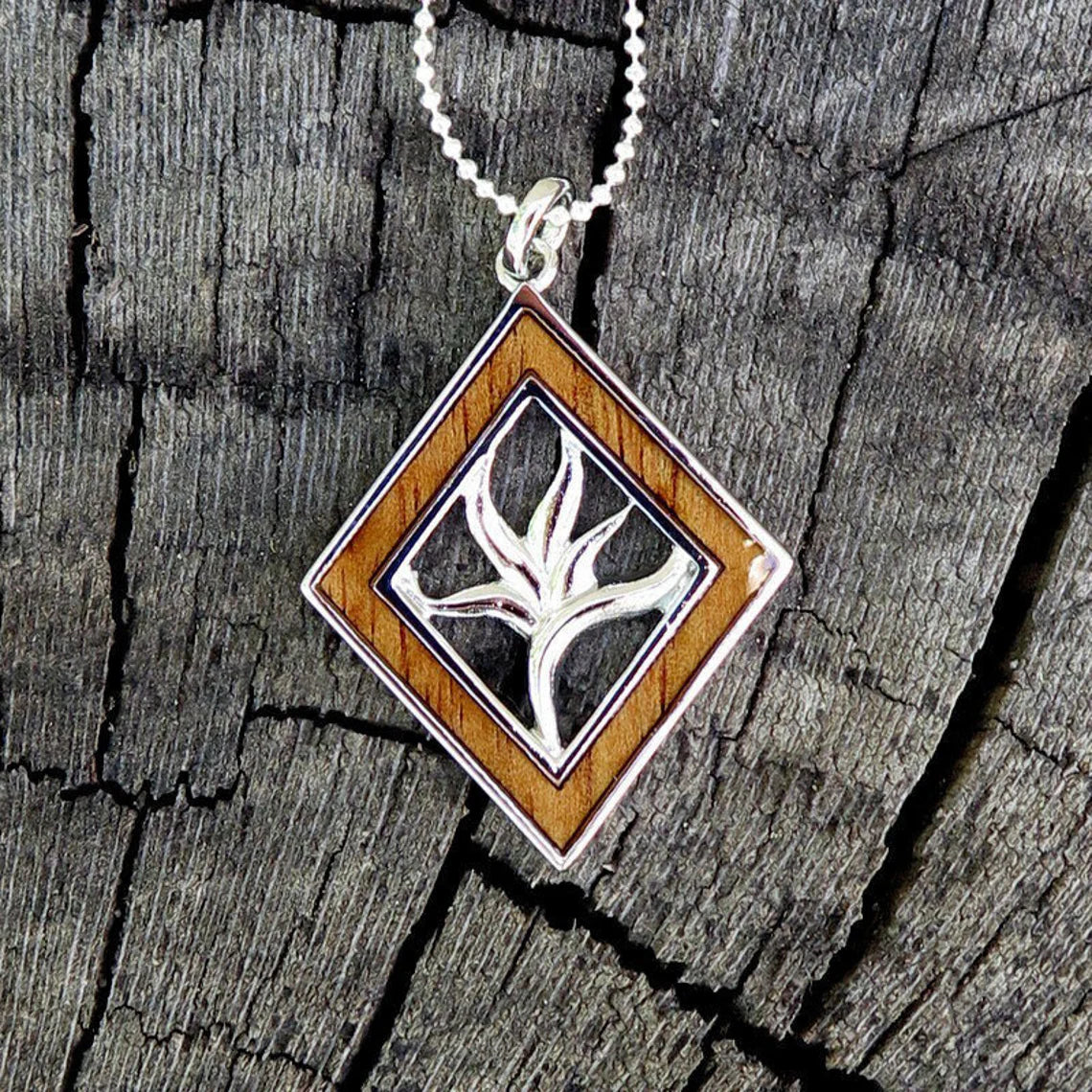 Birds of Paradise Koa Wood Pendant