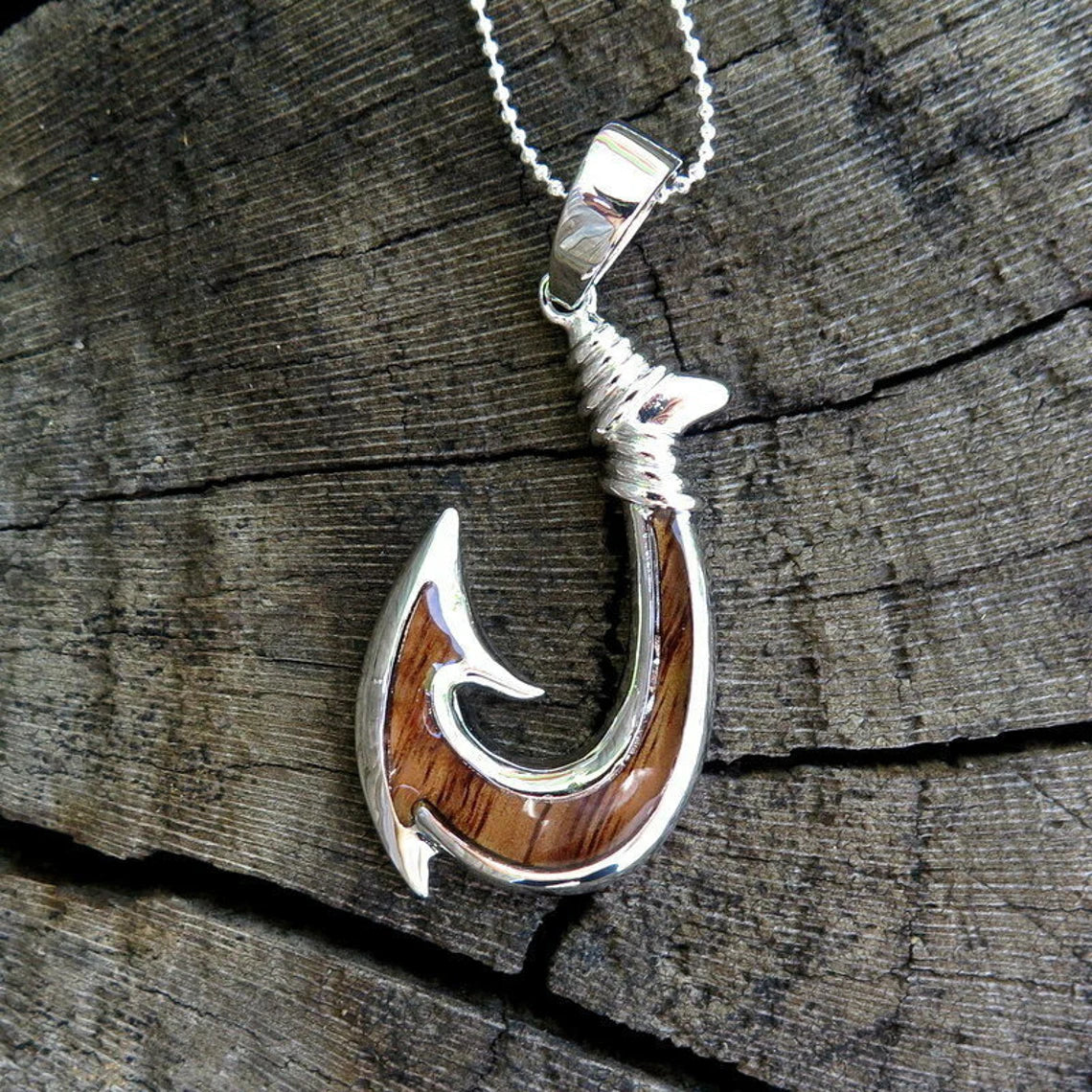 Fish Hook Koa Wood Pendant