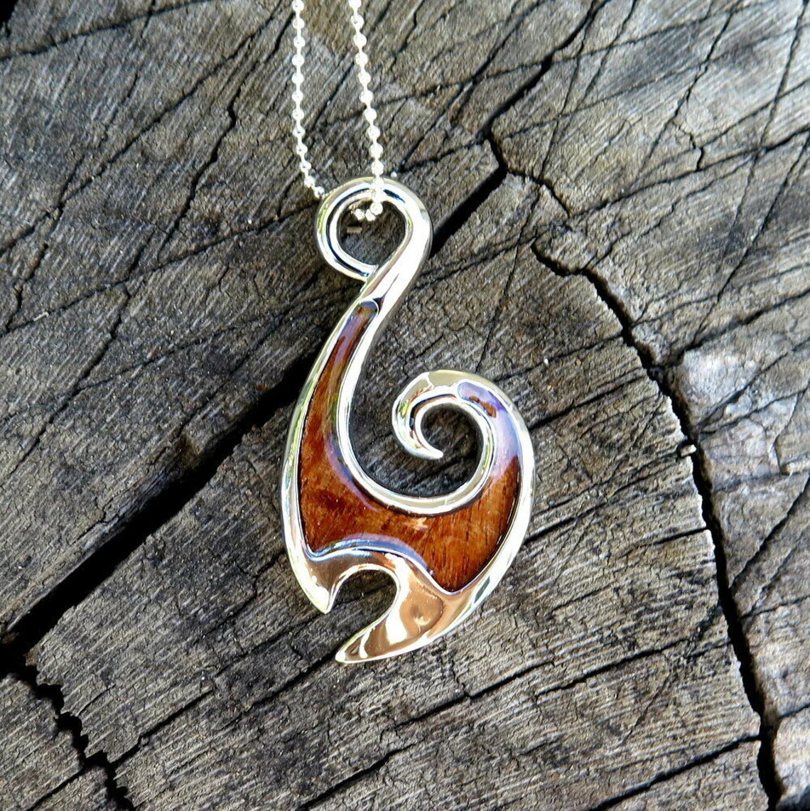 Fish Hook Koa Wood Pendant