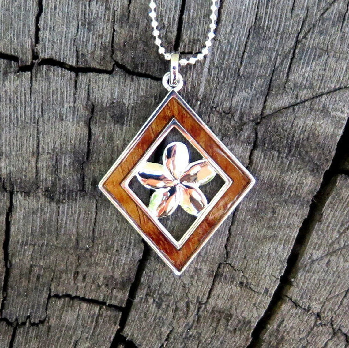 Plumeria Diamond Koa Wood Pendant