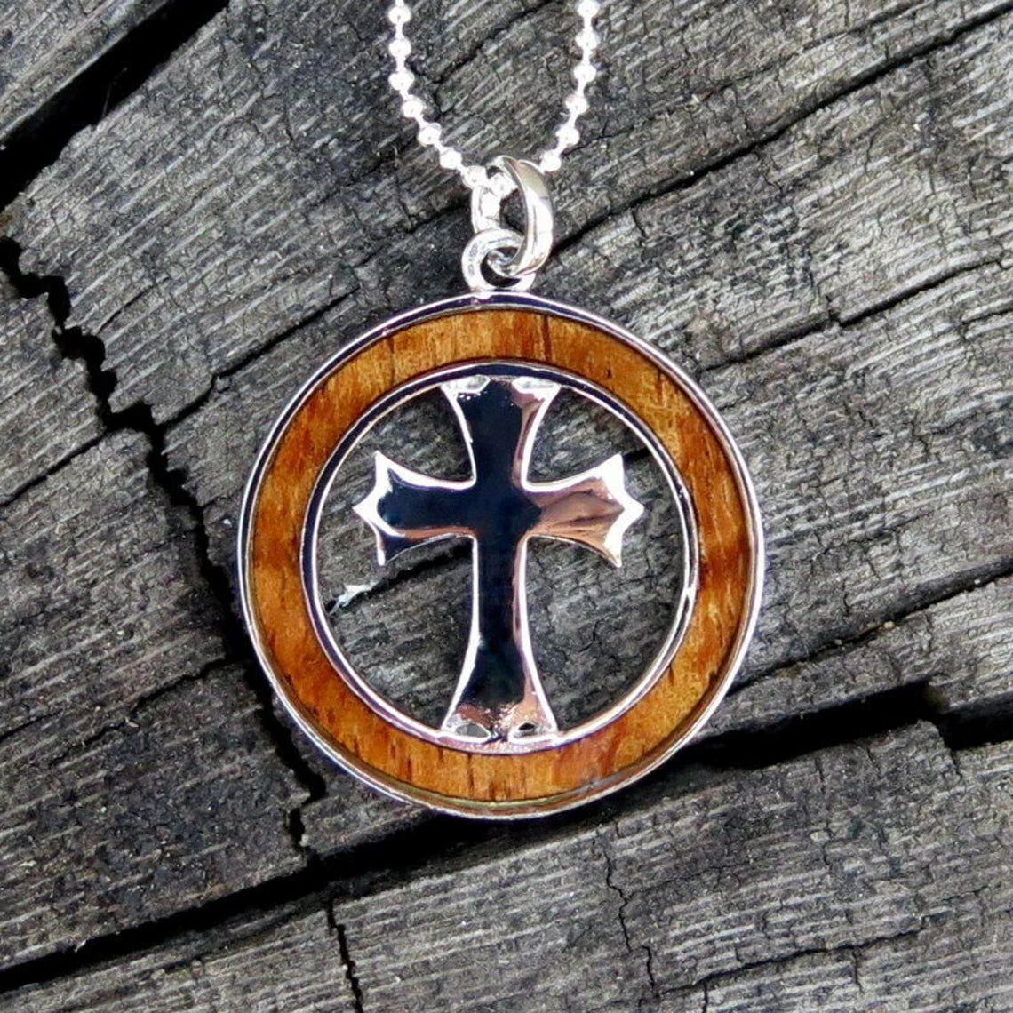 Cross Hoop Koa Wood Pendant