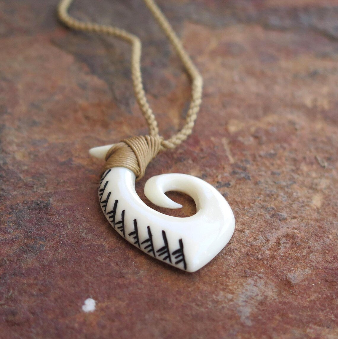 Maori Tribal Etched Fish Hook Pendant