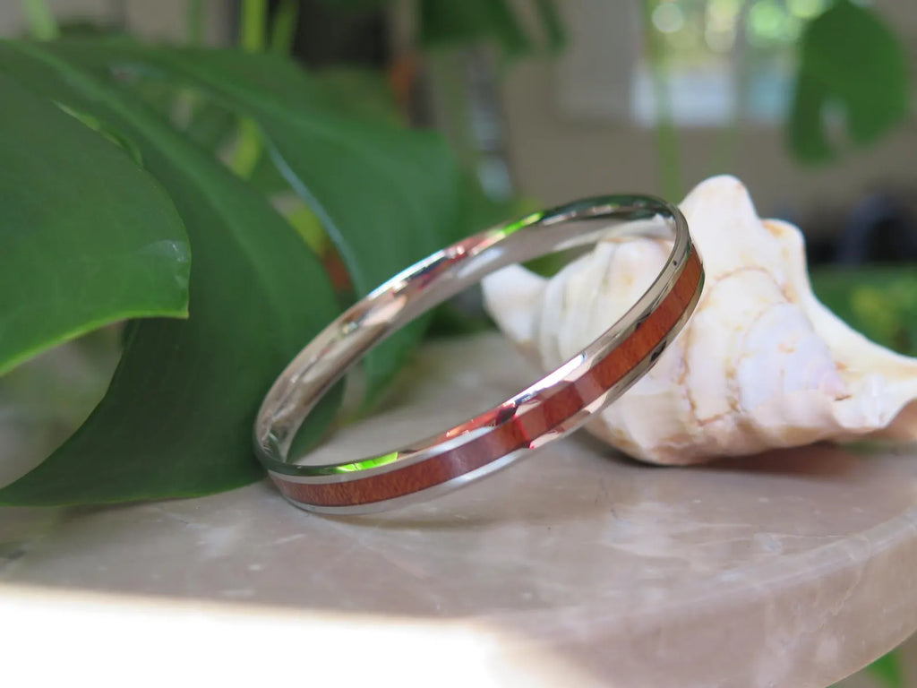 Koa Wood Beveled Stainless Steel Bangle