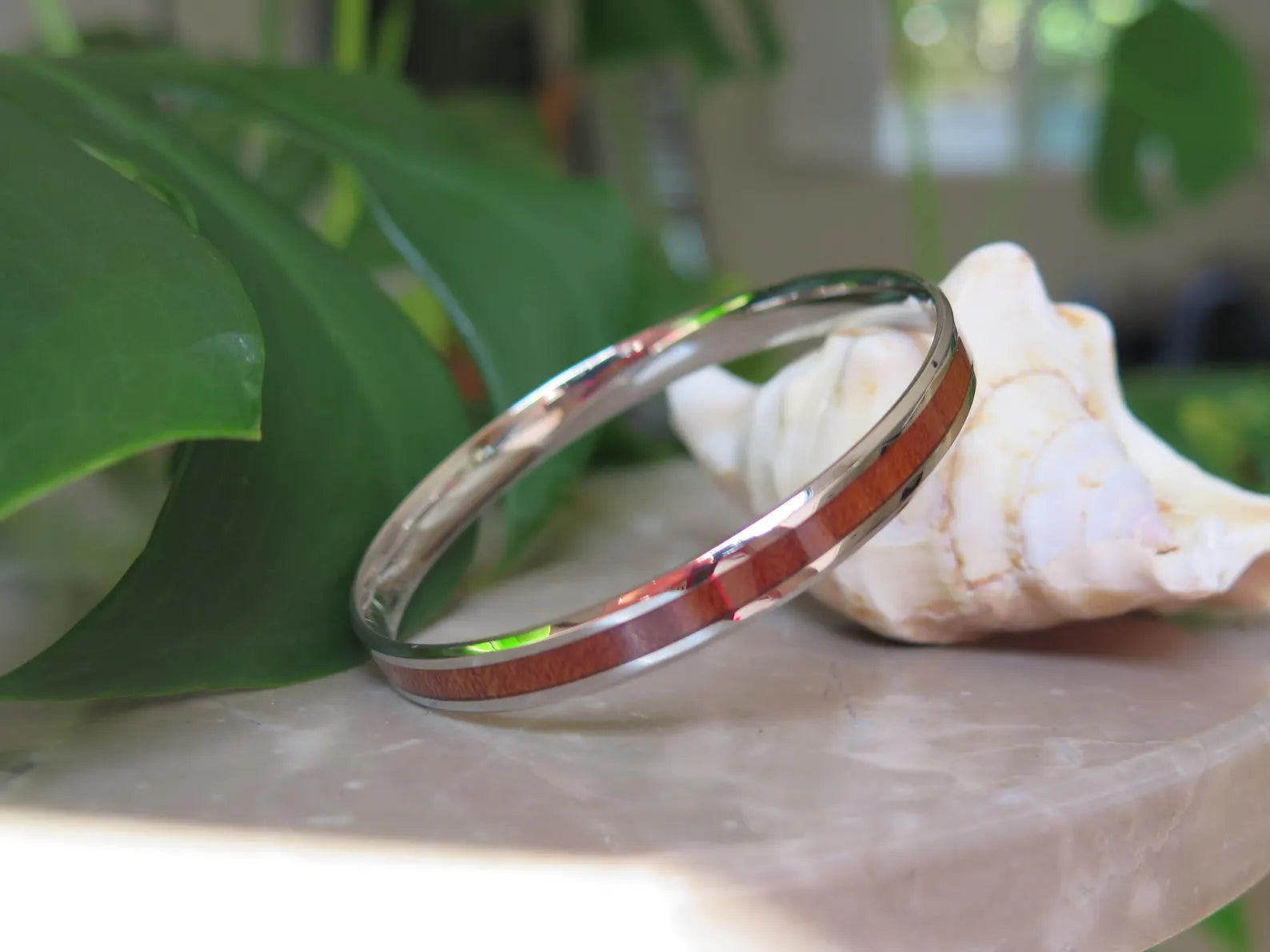 Koa Wood Beveled Stainless Steel Bangle