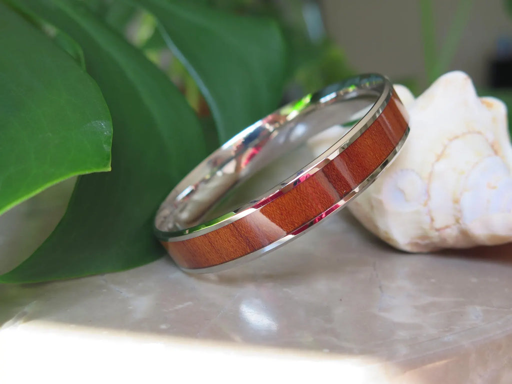 Koa Wood Beveled Stainless Steel Bangle