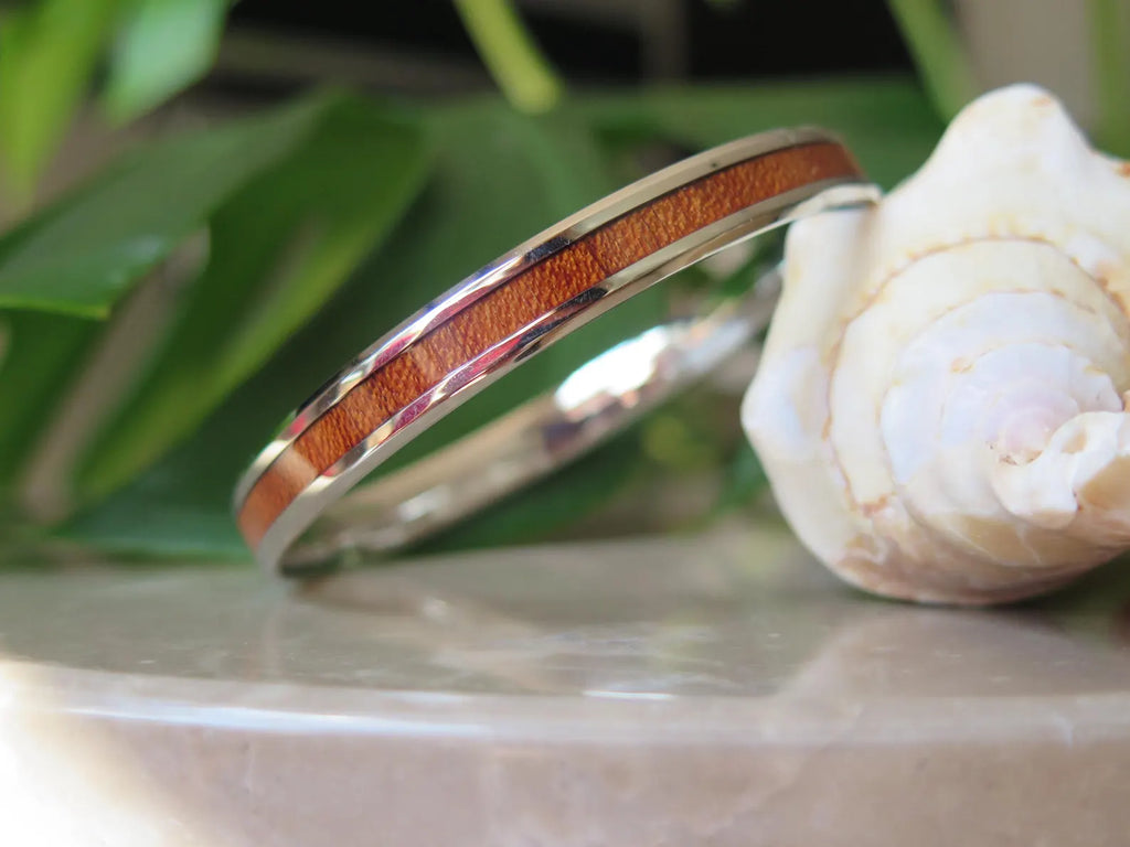 Koa Wood Beveled Stainless Steel Bangle