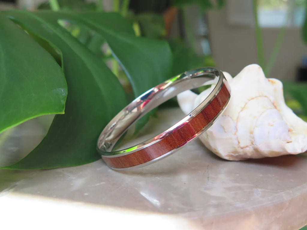 Koa Wood Beveled Stainless Steel Bangle