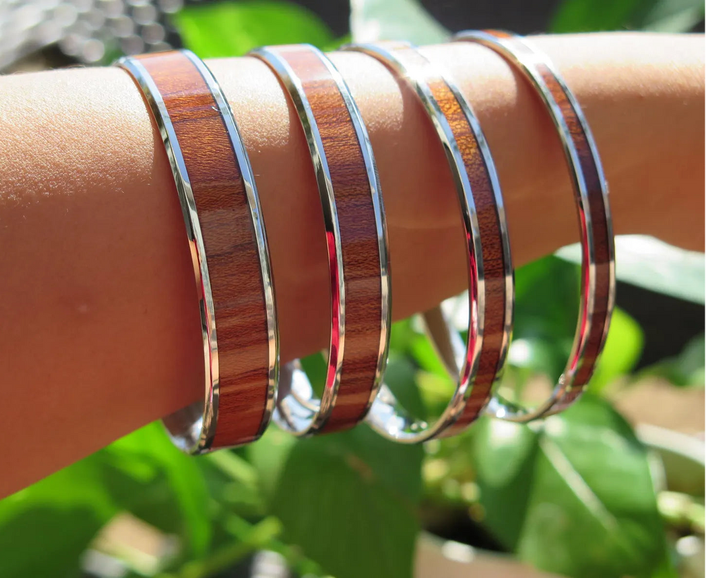 Koa Wood Beveled Stainless Steel Bangle