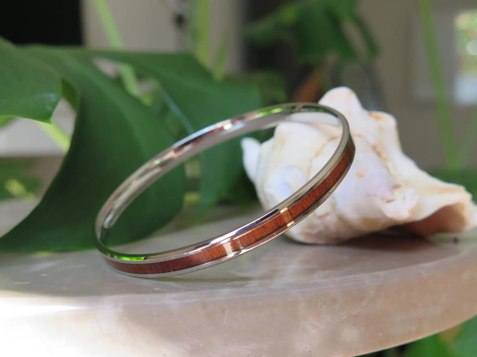Koa Wood Beveled Stainless Steel Bangle