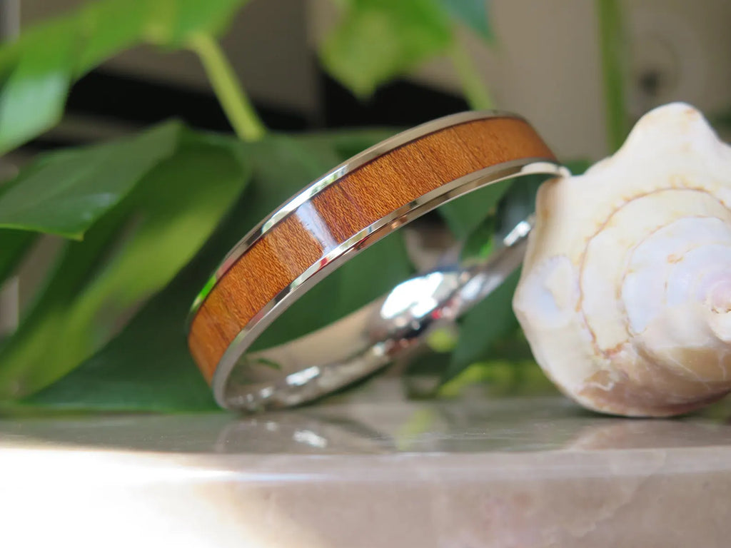 Koa Wood Beveled Stainless Steel Bangle