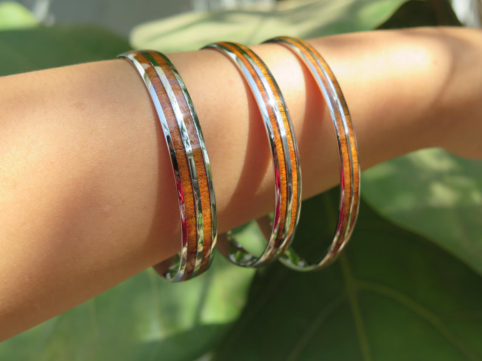 Koa Wood Double Stainless Steel Bangle