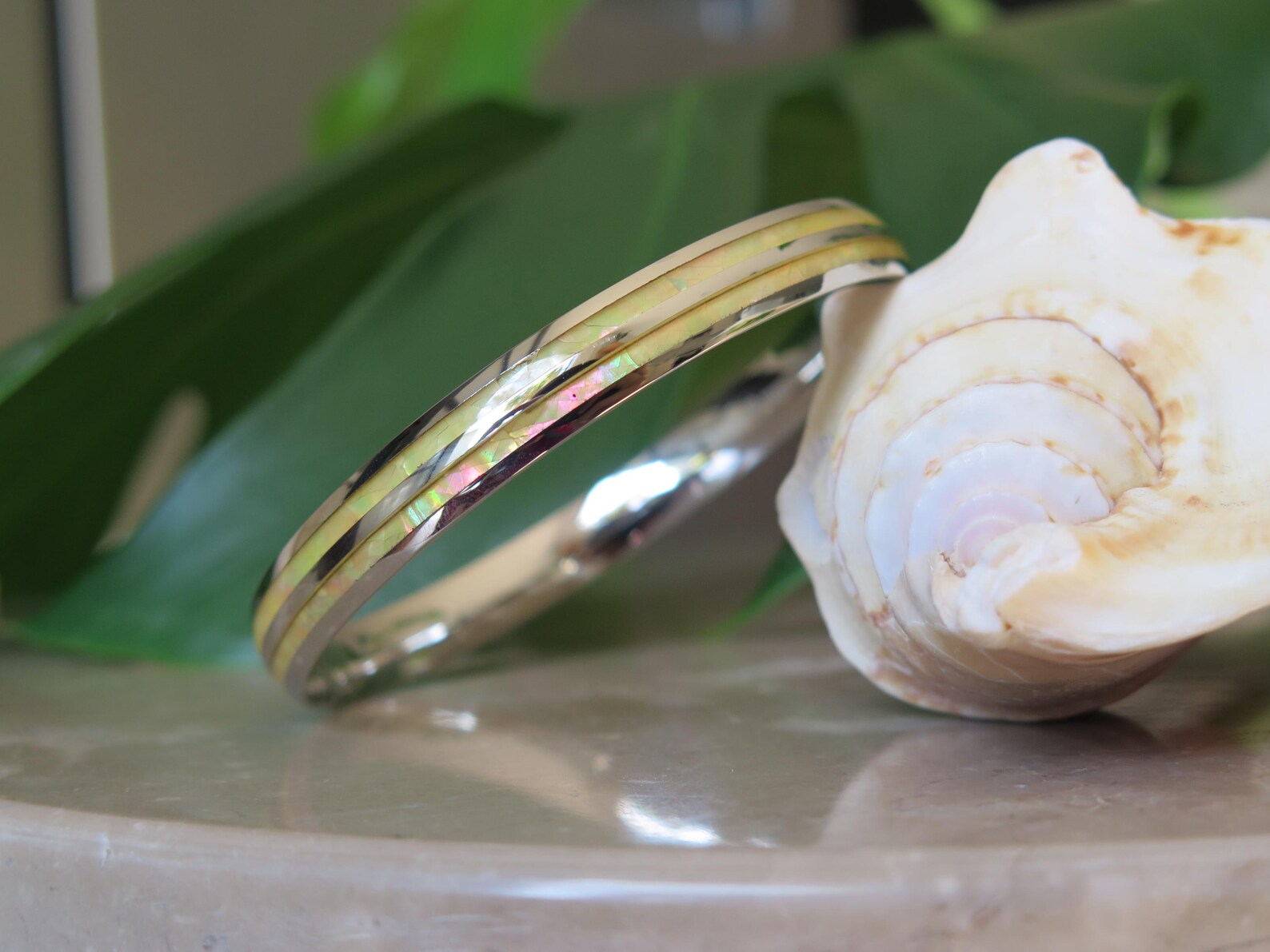 Whtie Abalone Shell Stainless Steel Bangle