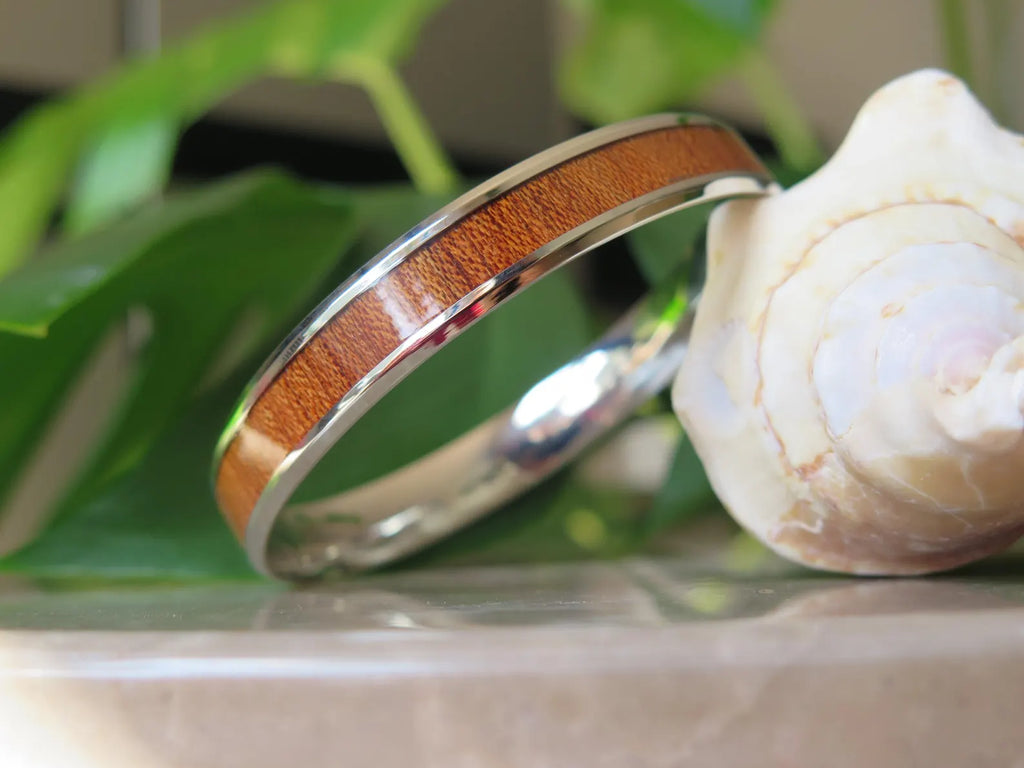 Koa Wood Beveled Stainless Steel Bangle