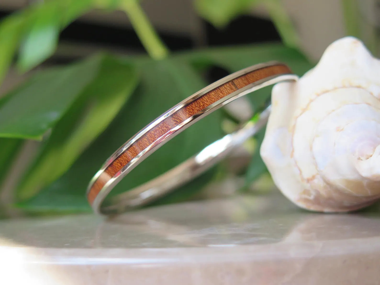 Koa Wood Beveled Stainless Steel Bangle