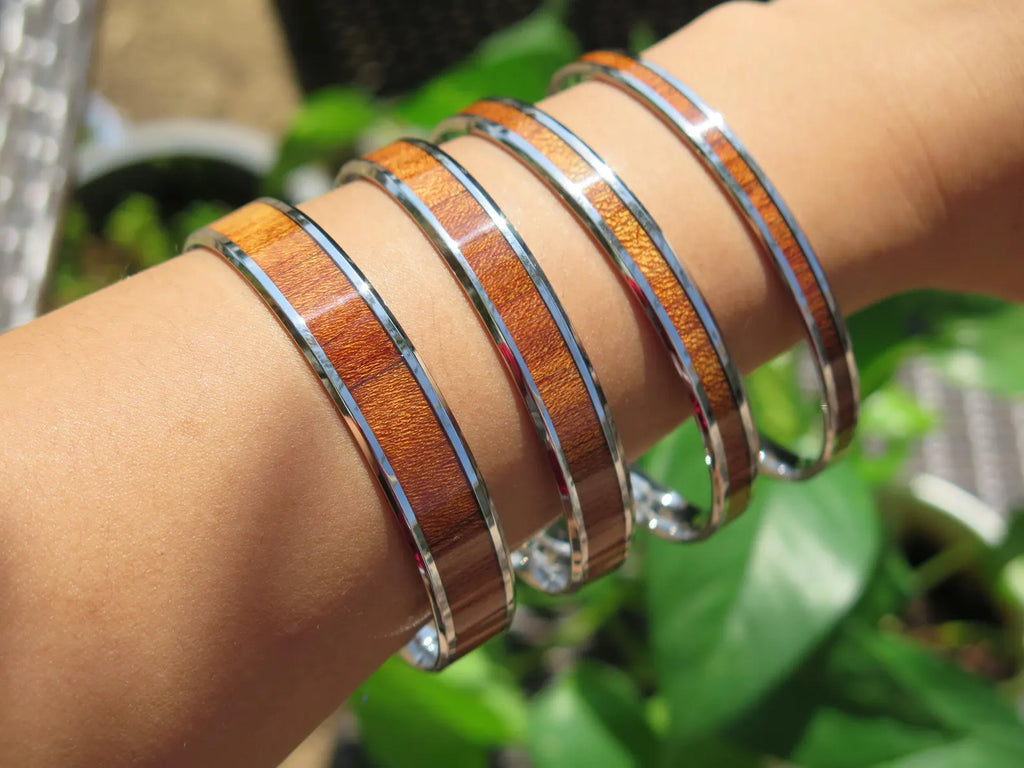 Koa Wood Beveled Stainless Steel Bangle