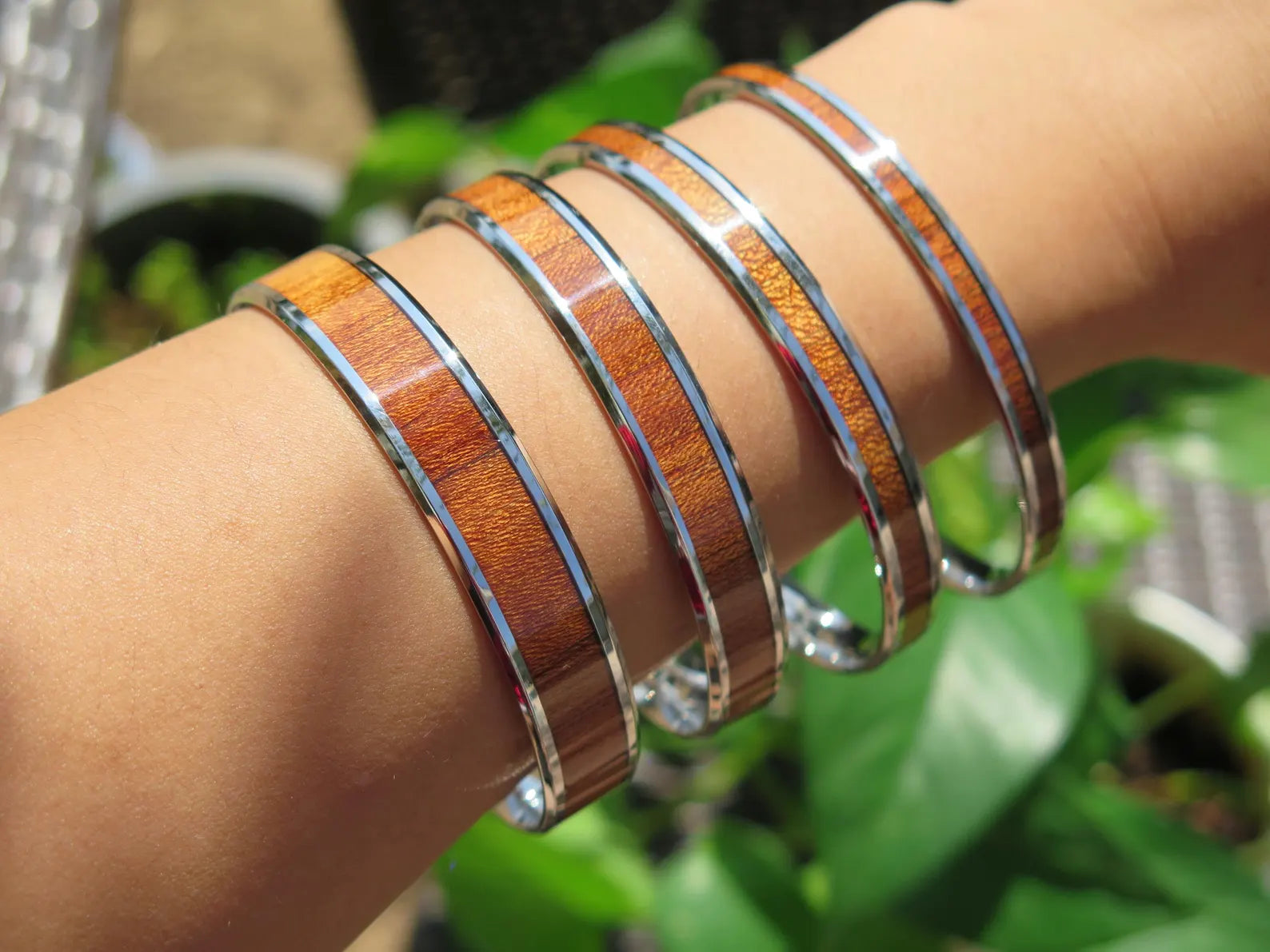 Koa Wood Beveled Stainless Steel Bangle