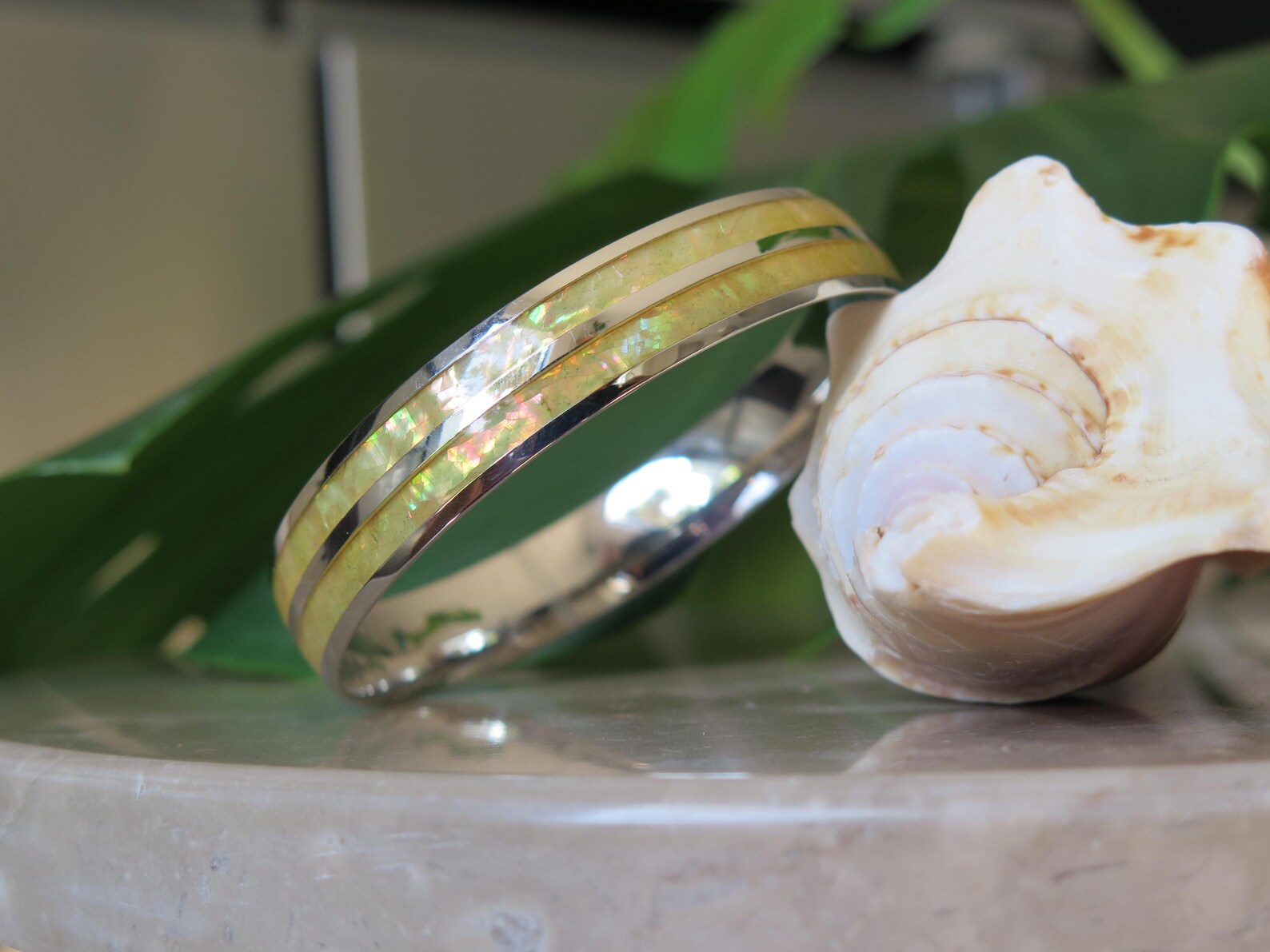 Whtie Abalone Shell Stainless Steel Bangle
