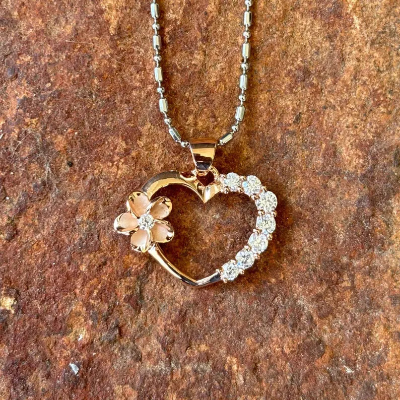 Heart w/ Plumeria Pendant - Rose Gold