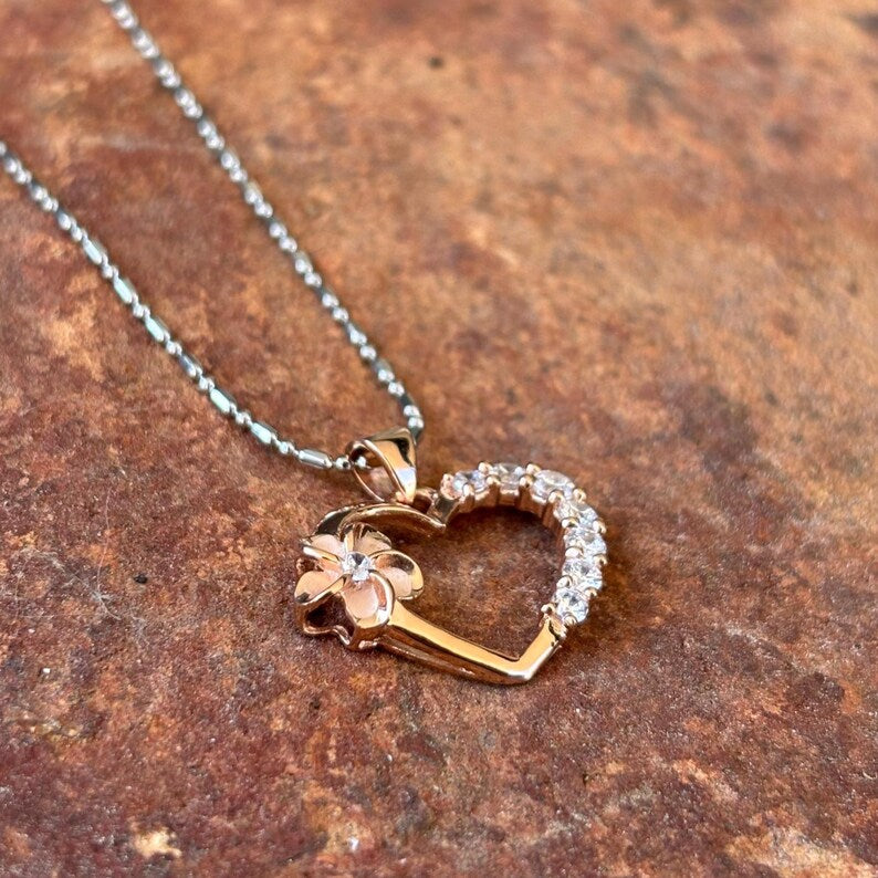 Heart w/ Plumeria Pendant - Rose Gold