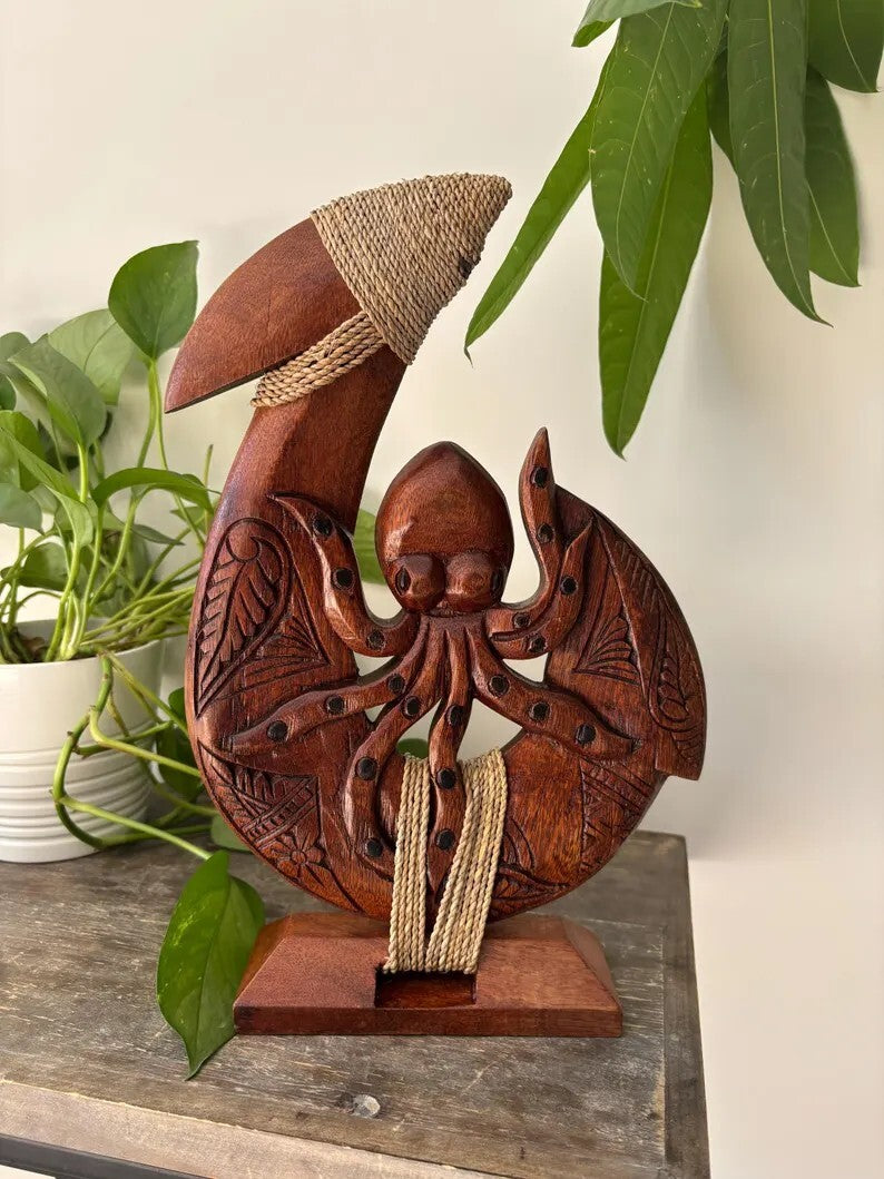 Octopus Hand Carved Wood Fish Hook stand - Brown