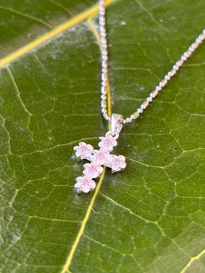 Pink Plumeria Cross Pendant - Silver
