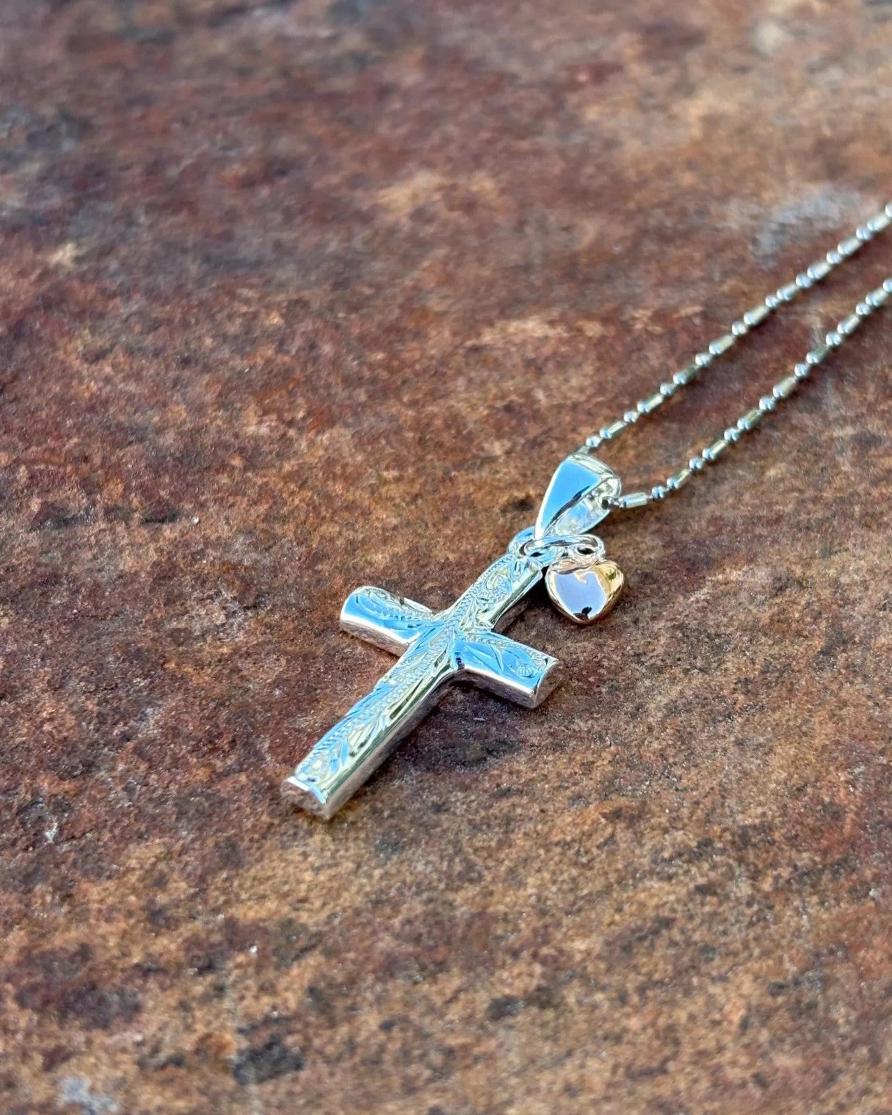 Scrolling Cross Heart Pendant - Silver & Rose Gold