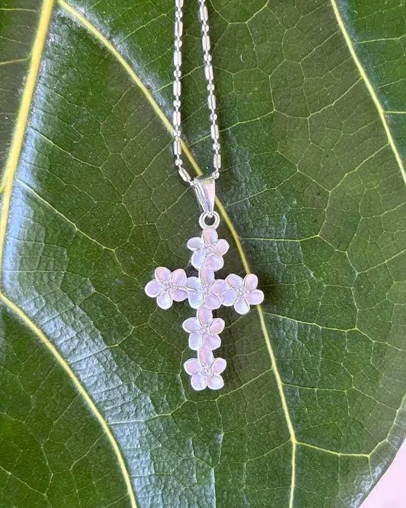 Plumeria Cross Pendant - Silver