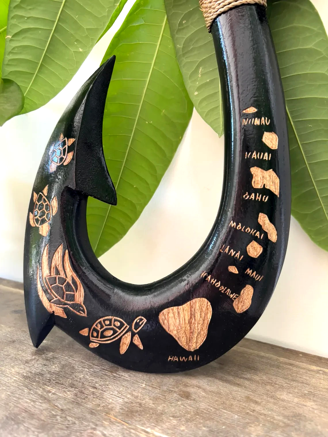 Island Map Engraved Wooden Fish Hook - Black