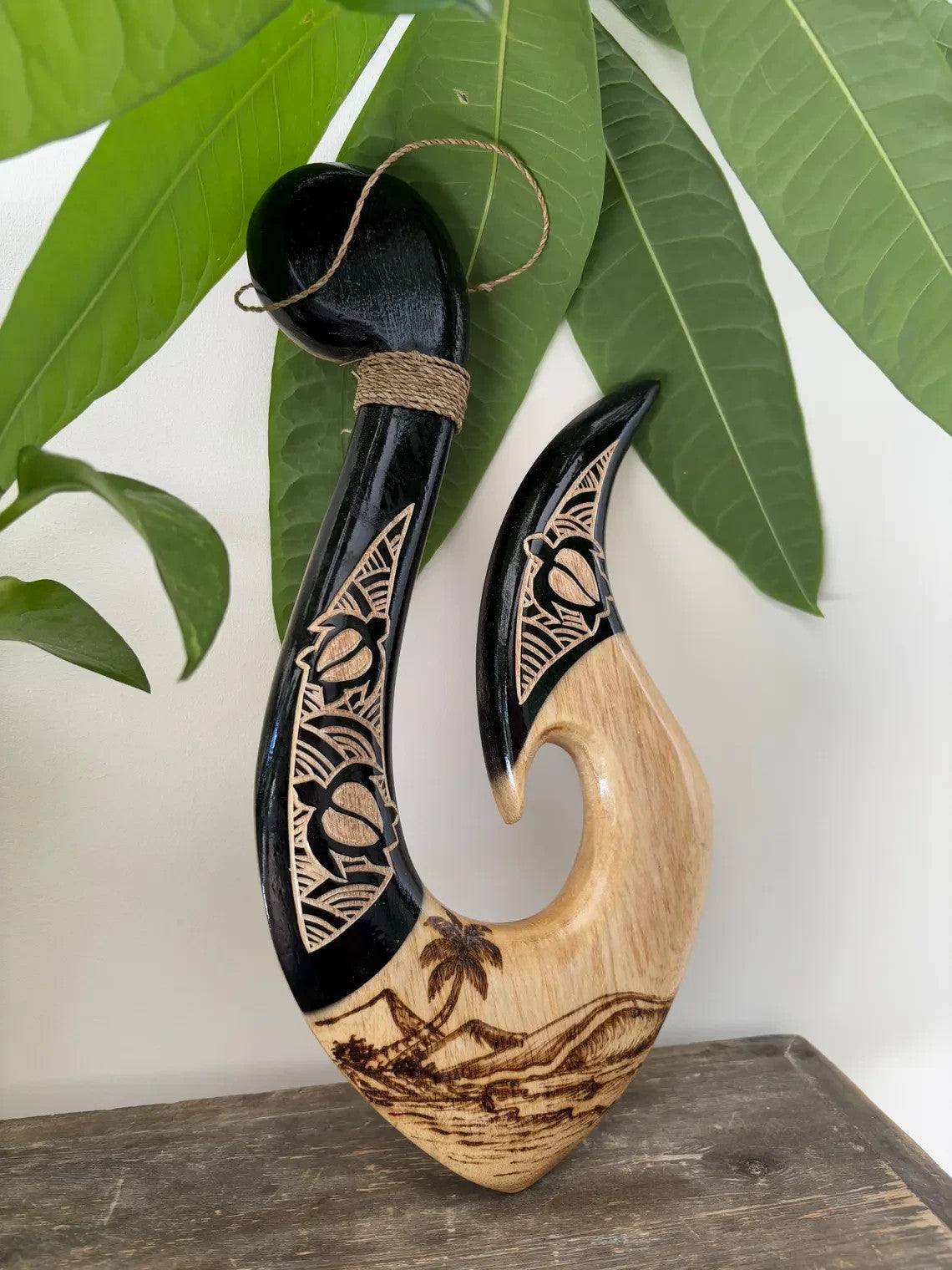 Island Honu Engraved Wooden Fish Hook - Brown