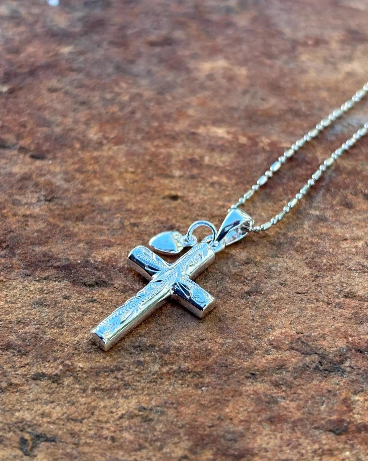 Scrolling Cross Heart Pendant - Silver