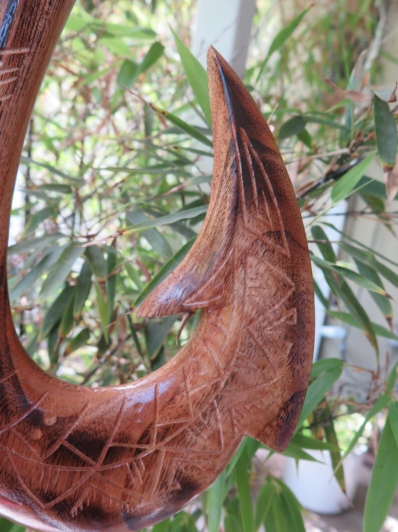 Tribal Engraved Wooden Fish Hook - Brown