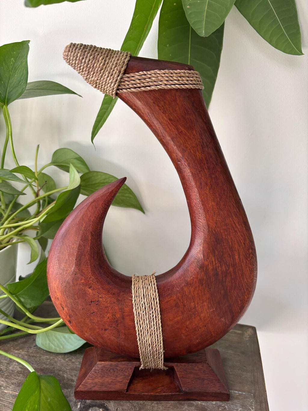 Tribal Engraved Wooden Fish Hook Stand - Brown