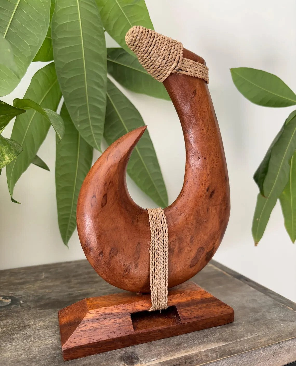 Tribal Engraved Wooden Fish Hook Stand - Brown
