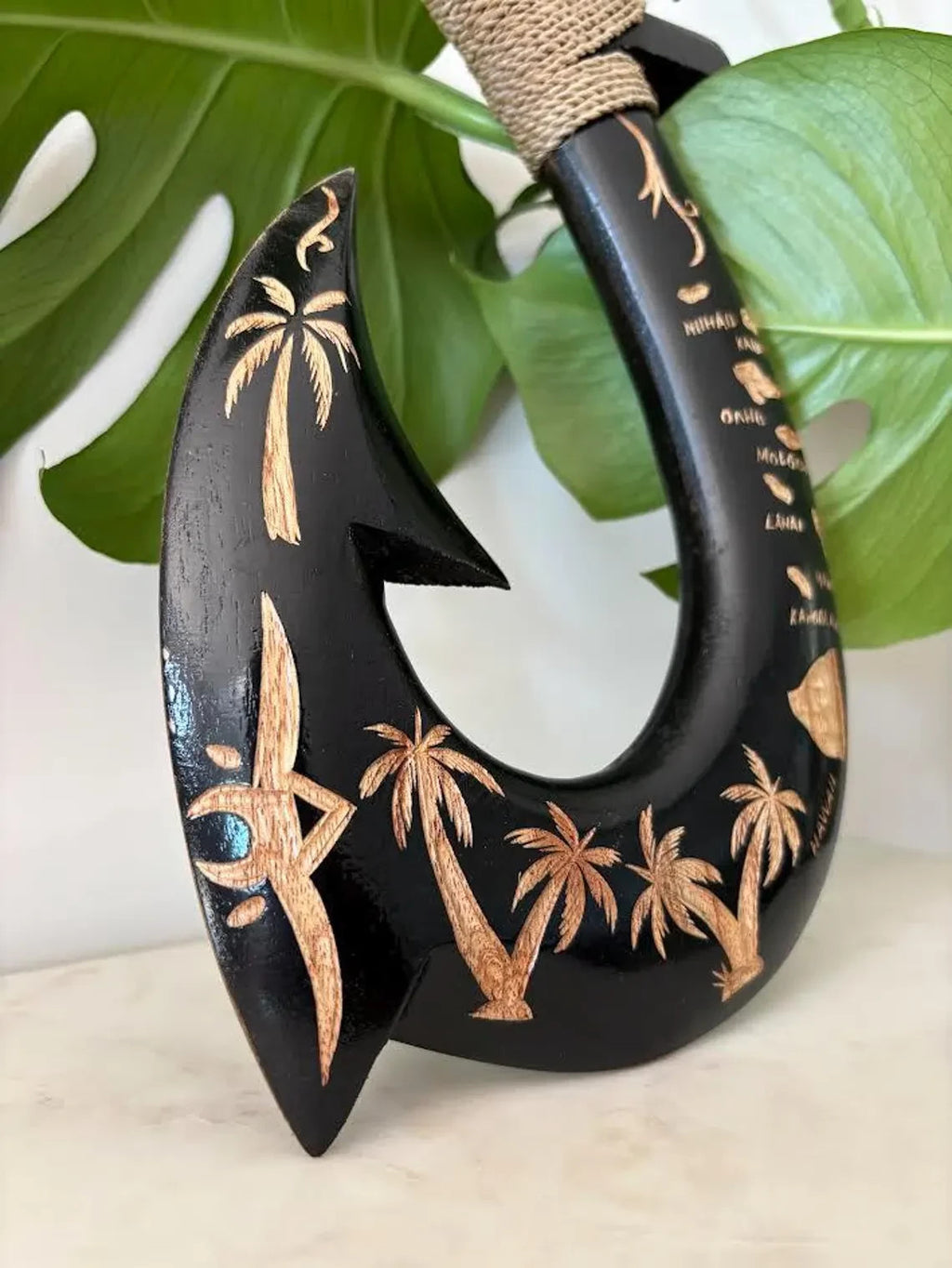 Islands Engraved Wooden Fish Hook - Black